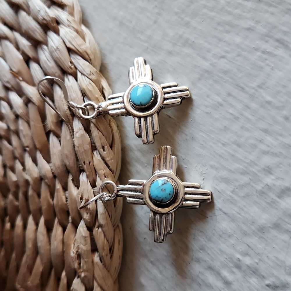 NWOT Native American Navajo Turquoise & Sterling Zia Sun Dangle Earrings 🩵🌞🩶 - Picture 10 of 11